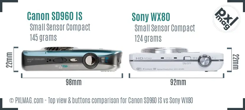 Canon SD960 IS vs Sony WX80 top view buttons comparison