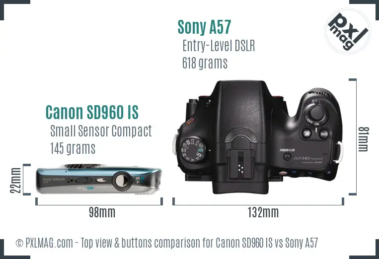 Canon SD960 IS vs Sony A57 top view buttons comparison