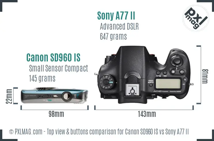 Canon SD960 IS vs Sony A77 II top view buttons comparison