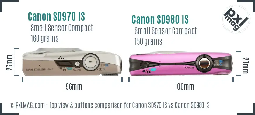 Canon SD970 IS vs Canon SD980 IS top view buttons comparison