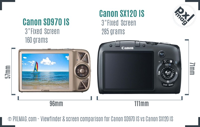 Canon SD970 IS vs Canon SX120 IS Screen and Viewfinder comparison