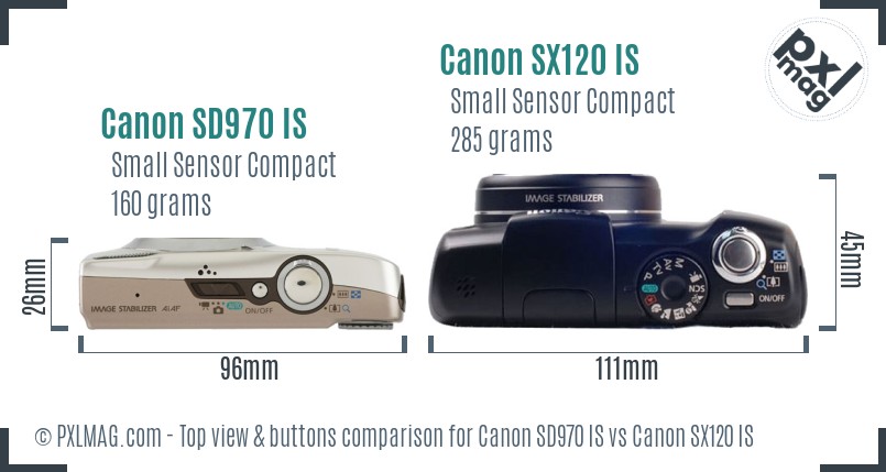 Canon SD970 IS vs Canon SX120 IS top view buttons comparison