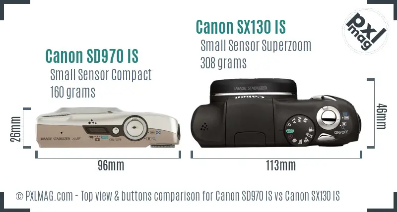 Canon SD970 IS vs Canon SX130 IS top view buttons comparison