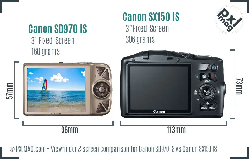 Canon SD970 IS vs Canon SX150 IS Screen and Viewfinder comparison