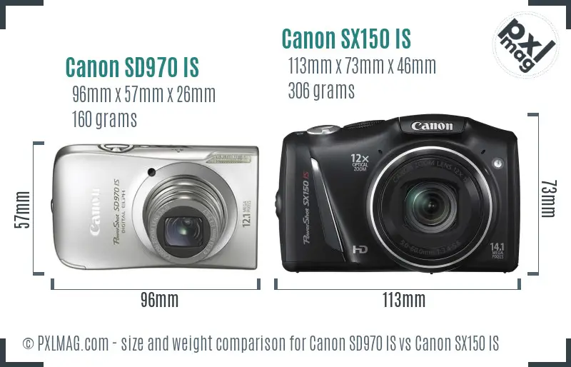 Canon SD970 IS vs Canon SX150 IS size comparison
