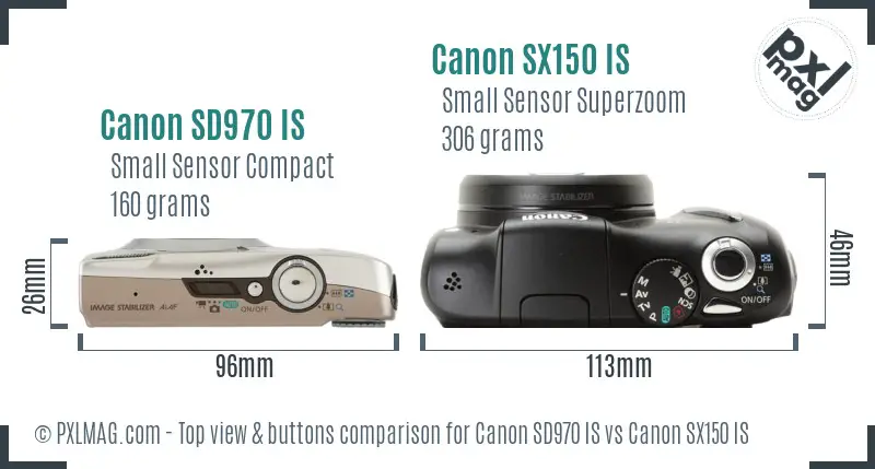 Canon SD970 IS vs Canon SX150 IS top view buttons comparison
