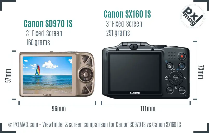 Canon SD970 IS vs Canon SX160 IS Screen and Viewfinder comparison