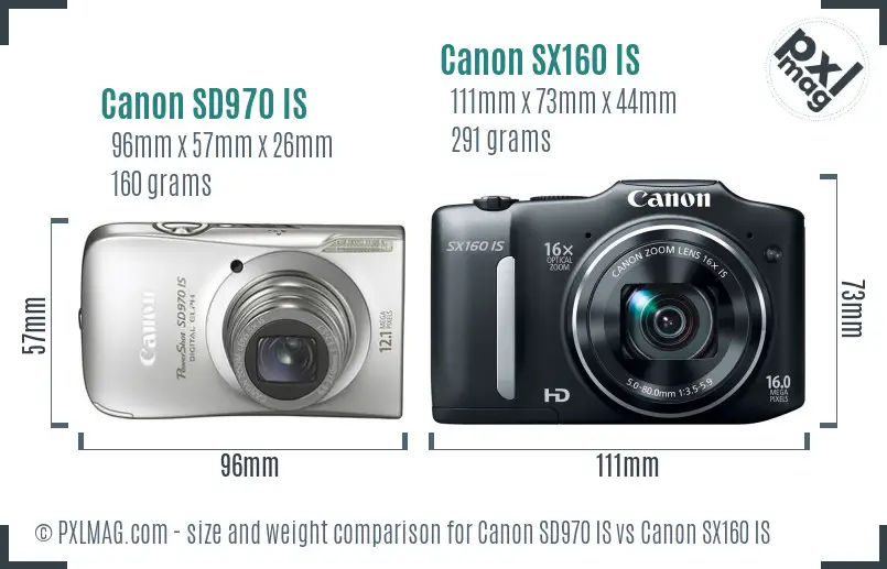 Canon SD970 IS vs Canon SX160 IS size comparison