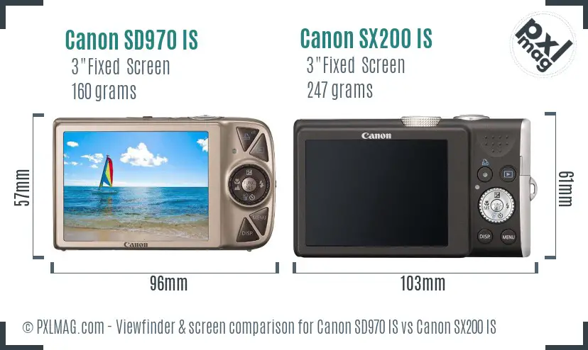 Canon SD970 IS vs Canon SX200 IS Screen and Viewfinder comparison