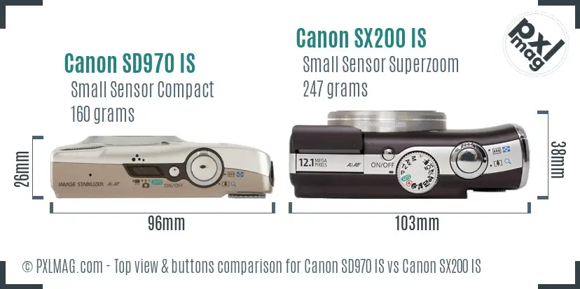 Canon SD970 IS vs Canon SX200 IS top view buttons comparison