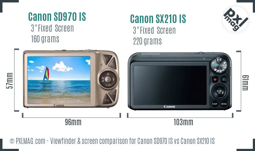 Canon SD970 IS vs Canon SX210 IS Screen and Viewfinder comparison