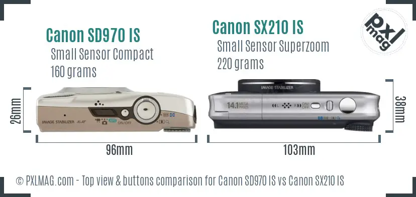 Canon SD970 IS vs Canon SX210 IS top view buttons comparison