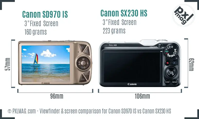 Canon SD970 IS vs Canon SX230 HS Screen and Viewfinder comparison