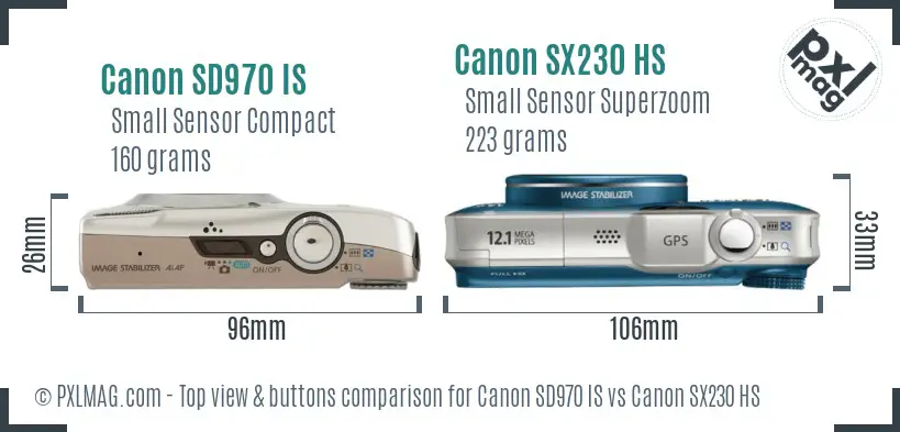 Canon SD970 IS vs Canon SX230 HS top view buttons comparison
