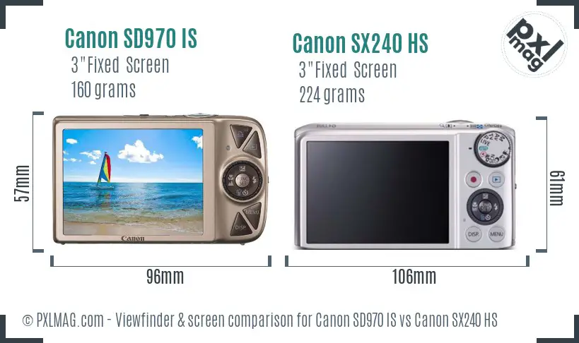 Canon SD970 IS vs Canon SX240 HS Screen and Viewfinder comparison