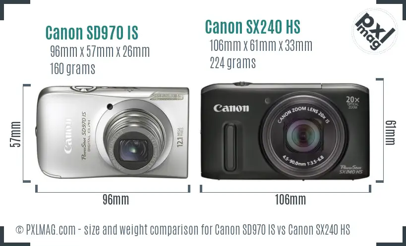 Canon SD970 IS vs Canon SX240 HS size comparison