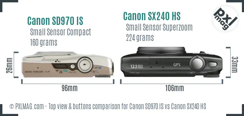 Canon SD970 IS vs Canon SX240 HS top view buttons comparison