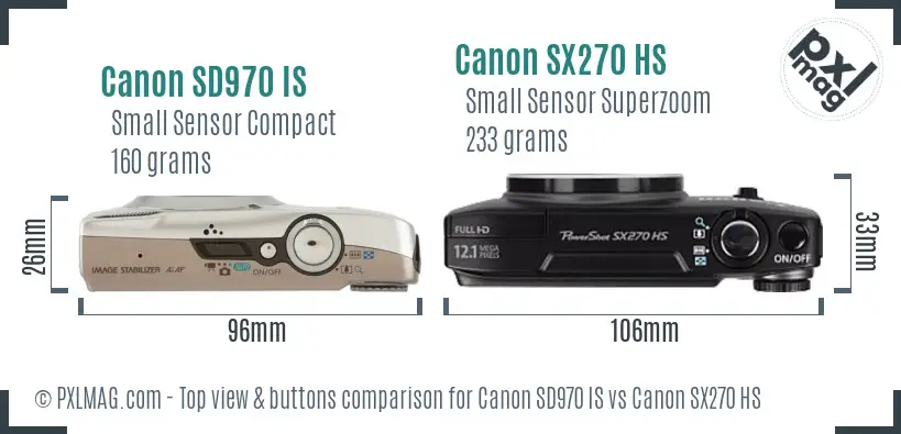 Canon SD970 IS vs Canon SX270 HS top view buttons comparison