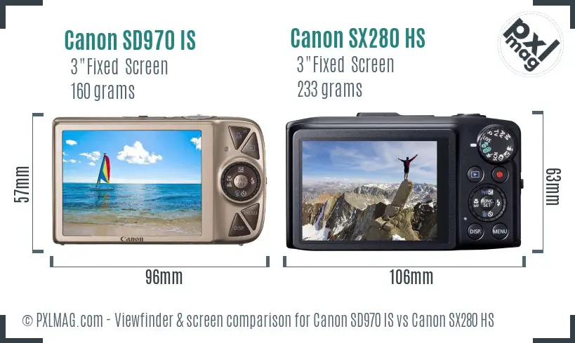 Canon SD970 IS vs Canon SX280 HS Screen and Viewfinder comparison