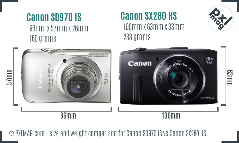 Canon SD970 IS vs Canon SX280 HS size comparison