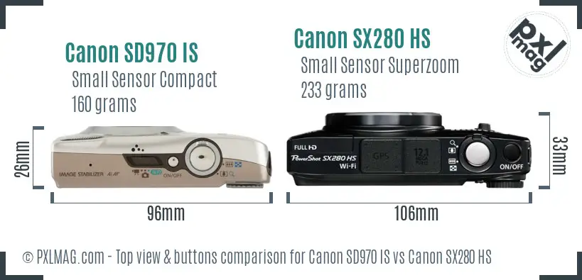 Canon SD970 IS vs Canon SX280 HS top view buttons comparison