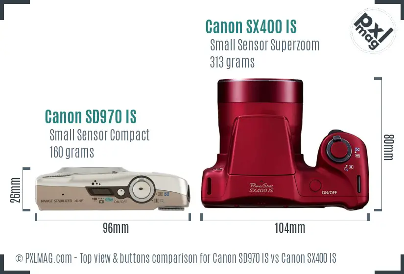Canon SD970 IS vs Canon SX400 IS top view buttons comparison