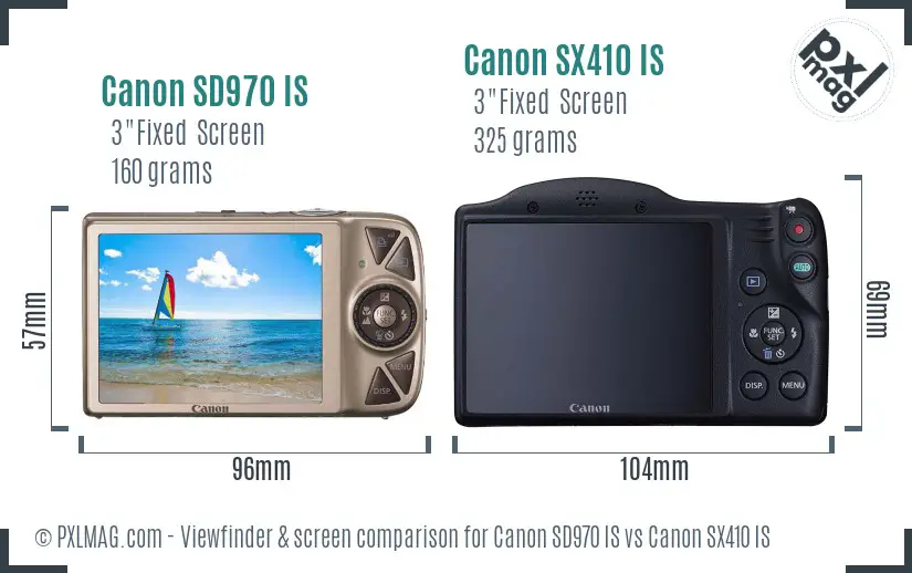Canon SD970 IS vs Canon SX410 IS Screen and Viewfinder comparison