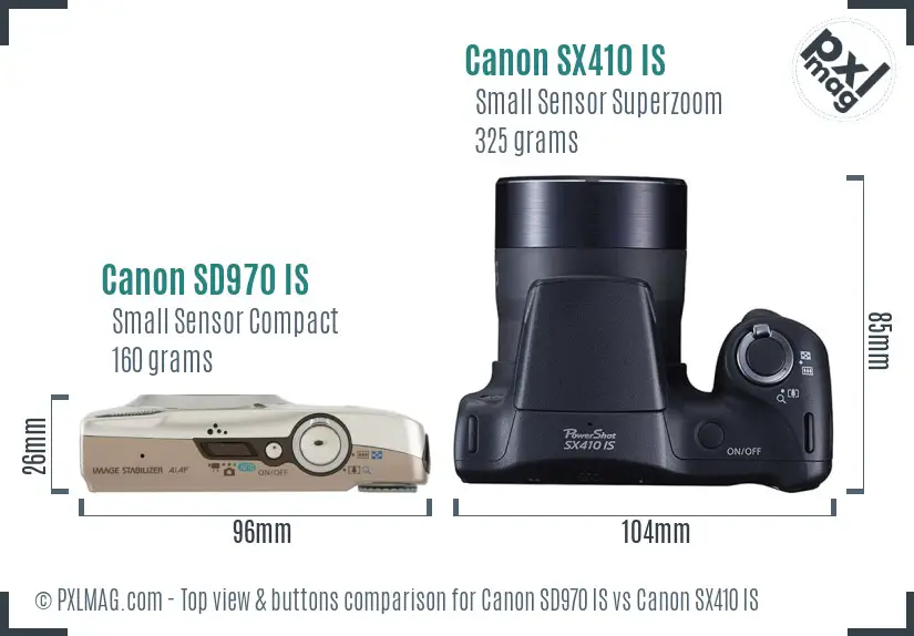 Canon SD970 IS vs Canon SX410 IS top view buttons comparison
