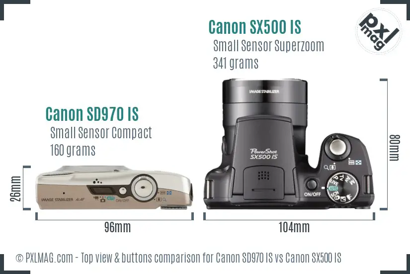 Canon SD970 IS vs Canon SX500 IS top view buttons comparison