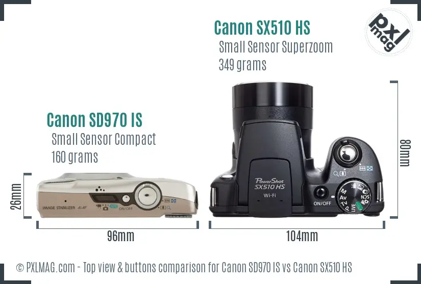 Canon SD970 IS vs Canon SX510 HS top view buttons comparison