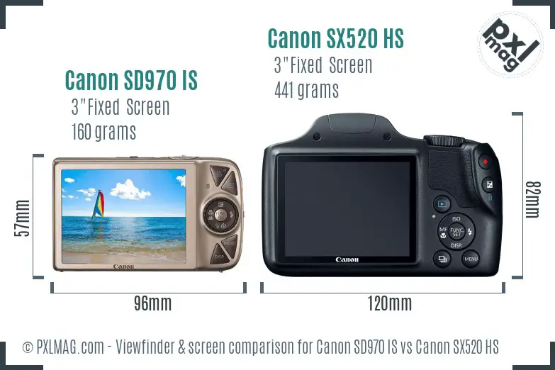 Canon SD970 IS vs Canon SX520 HS Screen and Viewfinder comparison