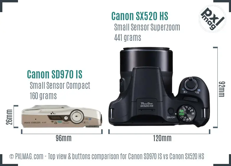 Canon SD970 IS vs Canon SX520 HS top view buttons comparison