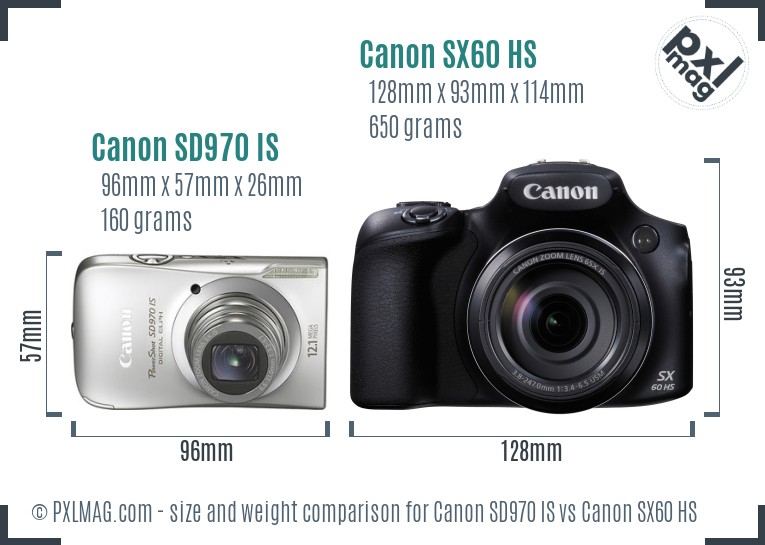 Canon SD970 IS vs Canon SX60 HS size comparison Canon SD970 IS vs Canon SX60 HS size comparison