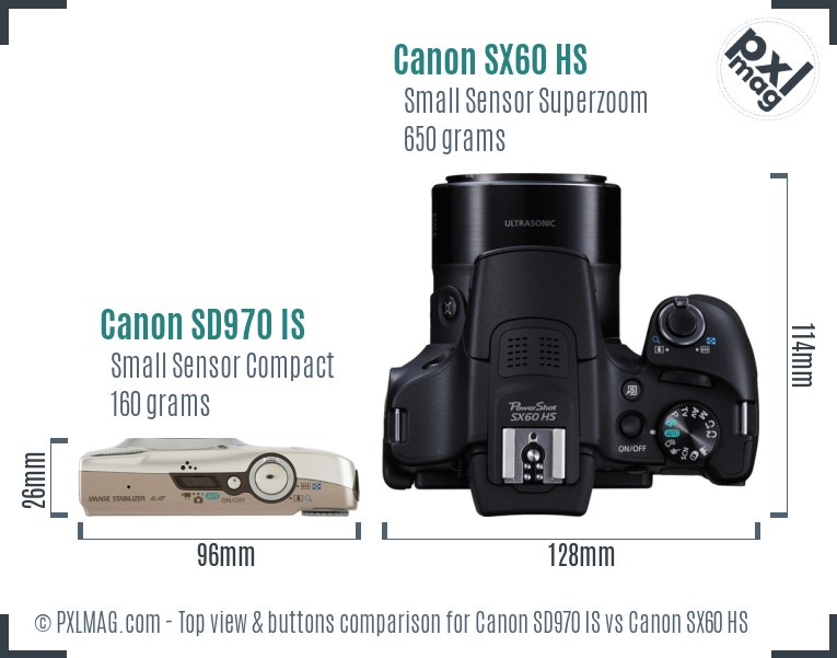 Canon SD970 IS vs Canon SX60 HS top view buttons comparison