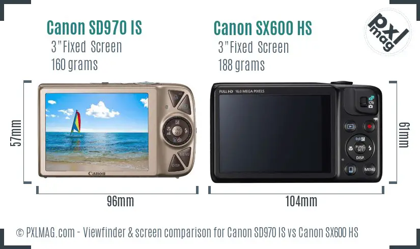 Canon SD970 IS vs Canon SX600 HS Screen and Viewfinder comparison