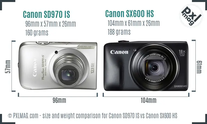 Canon SD970 IS vs Canon SX600 HS size comparison