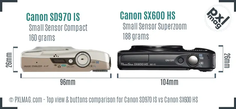 Canon SD970 IS vs Canon SX600 HS top view buttons comparison