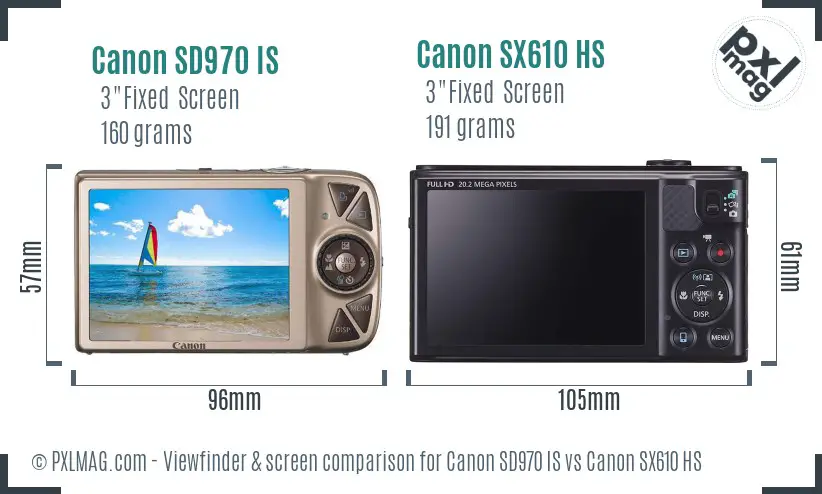 Canon SD970 IS vs Canon SX610 HS Screen and Viewfinder comparison