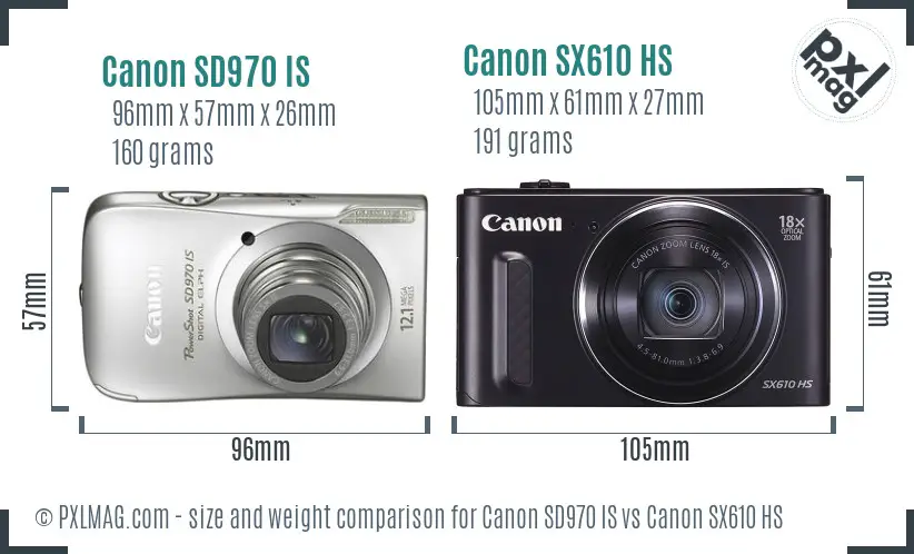 Canon SD970 IS vs Canon SX610 HS size comparison