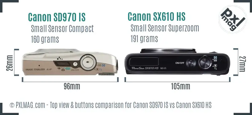 Canon SD970 IS vs Canon SX610 HS top view buttons comparison