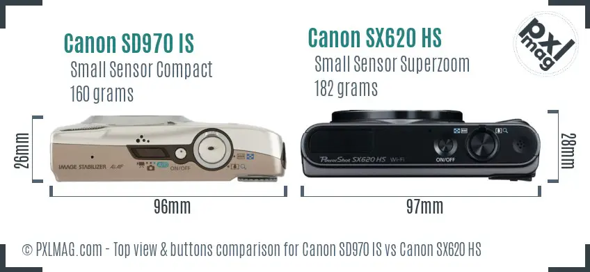 Canon SD970 IS vs Canon SX620 HS top view buttons comparison