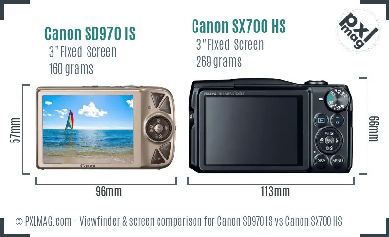 Canon SD970 IS vs Canon SX700 HS Screen and Viewfinder comparison