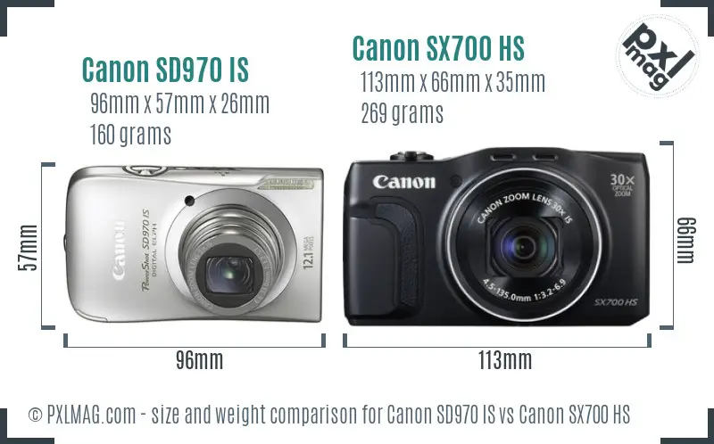 Canon SD970 IS vs Canon SX700 HS size comparison