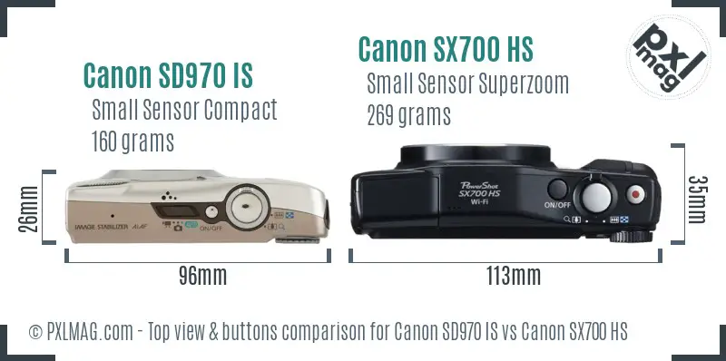 Canon SD970 IS vs Canon SX700 HS top view buttons comparison