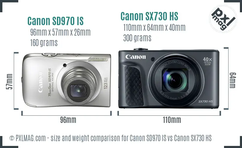 Canon SD970 IS vs Canon SX730 HS size comparison