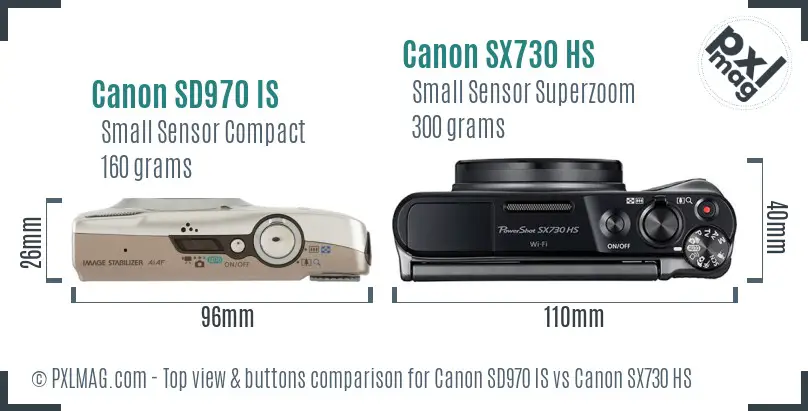 Canon SD970 IS vs Canon SX730 HS top view buttons comparison