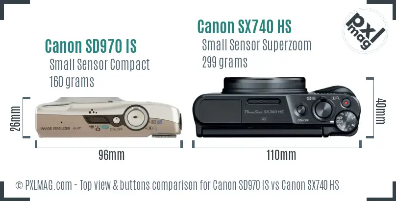 Canon SD970 IS vs Canon SX740 HS top view buttons comparison