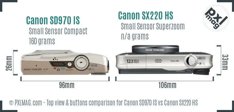 Canon SD970 IS vs Canon SX220 HS top view buttons comparison