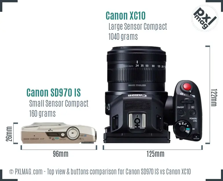 Canon SD970 IS vs Canon XC10 top view buttons comparison