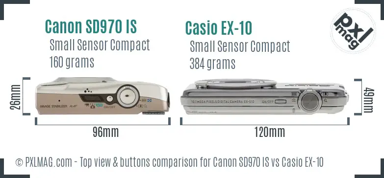 Canon SD970 IS vs Casio EX-10 top view buttons comparison